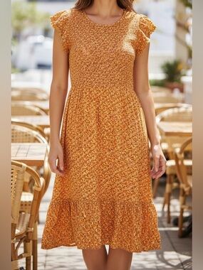 Luxology Smocked Floral Midi Dress Boho Cottagecore Large